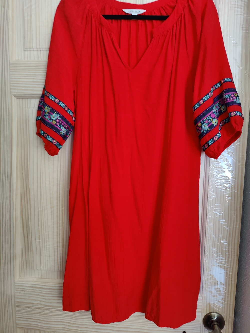The Pioneer Woman Red Midi Dress with Embroidered Sleeve Bands